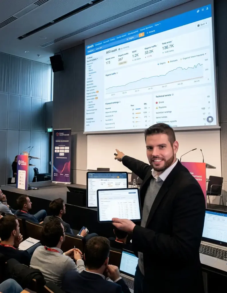 Juan Jesús Santos García en un audorio haciendo una audoria SEO